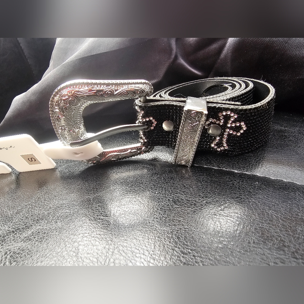 Bling Black and Silver Cross  Women's Belt Size Small